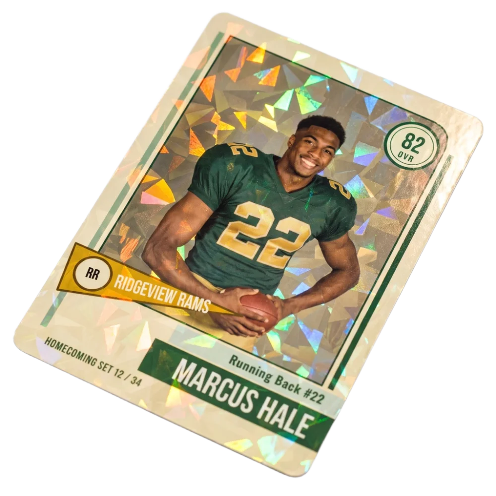 Sample Ridgeview Rams card printed on gold foil shards card stock